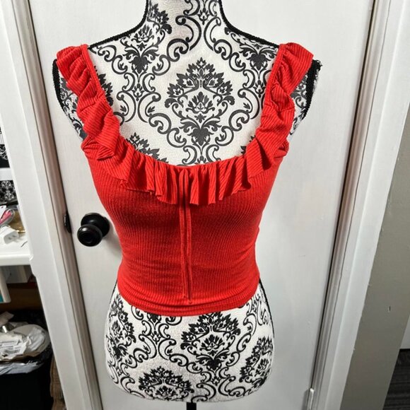 Red Ribbed Ruffle Strap Crop Tank Top | Stretch Knit Fitted Sleeveless Blouse - Picture 2 of 7